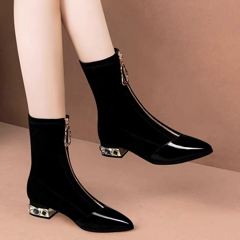 Sewing Front Zipper - Sepatu Bot Wanita Berkilau dengan Payet,